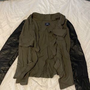 Olive and Black Jacket with Leather Sleeves